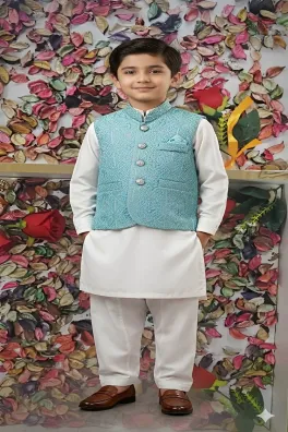 clothing boys festive wear stitched waistcoat jamawar dar al fashion blend embroidery regular thread sequin work green size 14 waistcoat