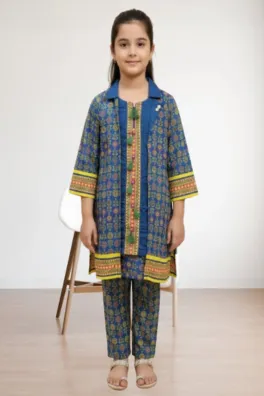 clothing girls casual wear stitched 3 piece cotton dar al fashion blend chiffon dupatta gala daman embroidered moderate print work blue size 30