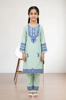 clothing girls casual wear stitched 3 piece cotton dar al fashion blend chiffon dupatta gala daman embroidered moderate thread work green size 32