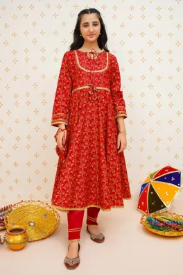 clothing girls casual wear stitched 3 piece cotton dar al fashion blend net dupatta gala daman embroidered moderate print work red size 22