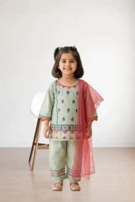 clothing girls casual wear stitched 3 piece cotton dar al fashion blend organza dupatta gala daman embroidered heavy thread sequin work green size 20