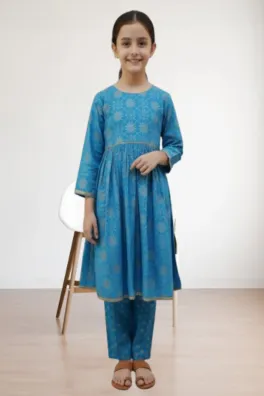clothing girls casual wear stitched frock cotton dar al fashion blend net dupatta gala daman embroidered moderate print work blue size 24