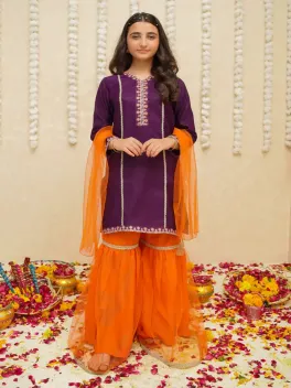 clothing girls festive wear stitched gharara shirts silk dar al fashion blend chiffon dupatta gala daman embroidered moderate zari sequin work purple small