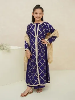 clothing girls party wear stitched 3 piece organza dar al fashion blend net dupatta gala daman embroidered moderate zari work blue size 28