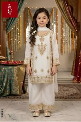 clothing girls party wear stitched 3 piece organza dar al fashion blend net dupatta gala daman embroidered regular thread zari work white size 22