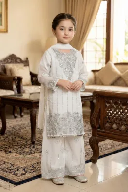 clothing girls party wear stitched 3 piece semi pure chiffon dar al fashion blend chiffon dupatta gala daman embroidered moderate zari sequin work white size 34