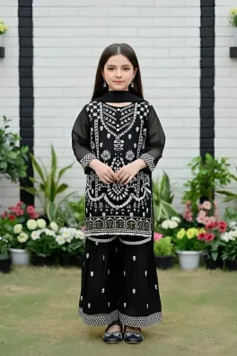 clothing girls party wear stitched garara pant semi pure chiffon dar al fashion blend chiffon dupatta gala daman embroidered moderate zari sequin work black size 28