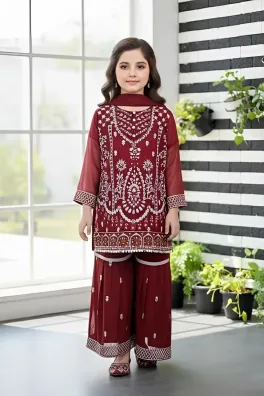 clothing girls party wear stitched garara pant semi pure chiffon dar al fashion blend chiffon dupatta gala daman embroidered moderate zari sequin work maroon size 28