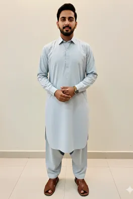 clothing men casual wear stitched 2 piece cotton dar al fashion blend plain regular zari work blue small mister