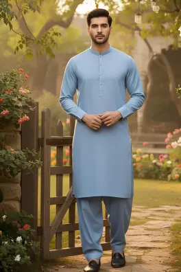 clothing men festive wear stitched 2 piece cotton dar al fashion blend printed moderate print work blue large