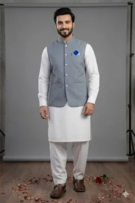 clothing men festive wear stitched waistcoat jamawar dar al fashion blend embroidery regular thread sequin work grey medium waistcoat