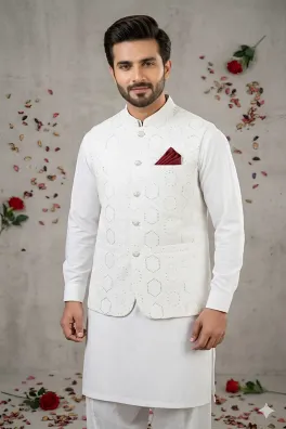 clothing men festive wear stitched waistcoat jamawar dar al fashion blend embroidery regular thread sequin work white large waistcoat