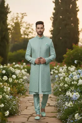 clothing men party wear stitched sherwani cotton dar al fashion blend embroidery heavy thread sequin work green medium