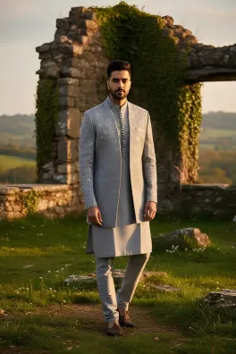 clothing men party wear stitched sherwani cotton dar al fashion blend embroidery heavy thread sequin work grey medium