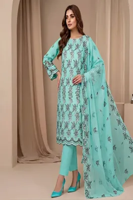 clothing women casual wear custom stitch 3 piece cotton dar al fashion blend chiffon dupatta front back embroidered regular thread work blue