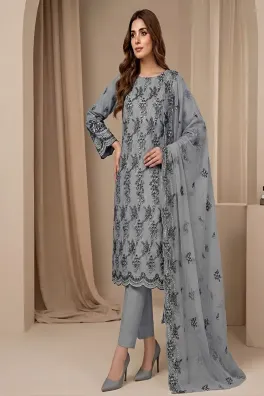 clothing women casual wear custom stitch 3 piece cotton dar al fashion blend chiffon dupatta front back embroidered regular thread work grey