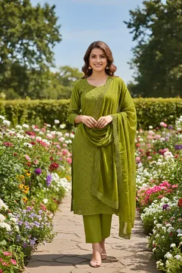 clothing women casual wear custom stitch 3 piece cotton dar al fashion blend chiffon dupatta front back embroidered regular thread work mehndi