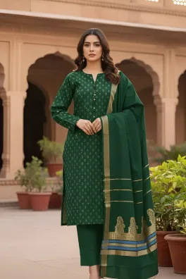 clothing women casual wear custom stitch 3 piece cotton dar al fashion blend jacquard dupatta front back embroidered regular thread sequin work green