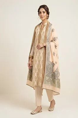 clothing women casual wear custom stitch 3 piece cotton dar al fashion blend jacquard dupatta gala daman embroidered moderate thread work peach