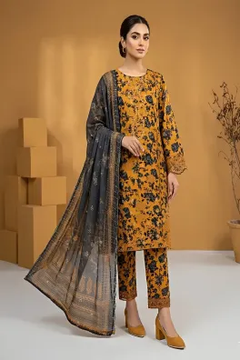 clothing women casual wear stitched 3 piece cotton dar al fashion blend chiffon dupatta gala daman embroidered heavy thread sequin work mustard medium