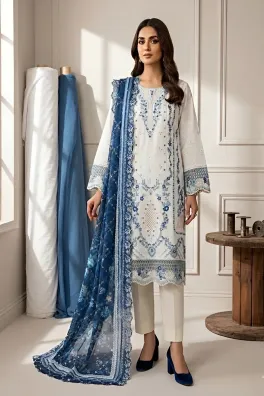 clothing women casual wear stitched 3 piece cotton dar al fashion blend chiffon dupatta gala daman embroidered heavy thread sequin work white large