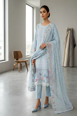 clothing women casual wear stitched 3 piece jacquard dar al fashion blend chiffon dupatta gala daman embroidered heavy thread sequin work grey large
