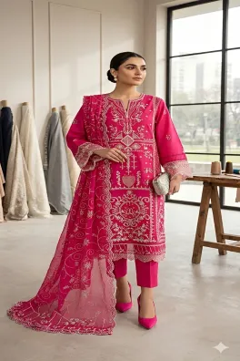 clothing women casual wear stitched 3 piece jacquard dar al fashion blend chiffon dupatta gala daman embroidered heavy thread sequin work pink medium