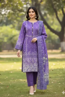 clothing women casual wear stitched 3 piece lawn dar al fashion blend lawn dupatta gala daman regular print work purple medium