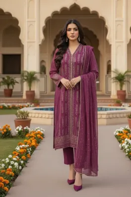 clothing women festive wear stitched 3 piece semi pure chiffon dar al fashion blend chiffon dupatta gala daman embroidered regular thread sequin work purple xl stitched