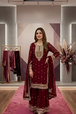 clothing women festive wear stitched gharara shirts semi pure chiffon dar al fashion blend chiffon dupatta gala daman embroidered regular thread sequin work maroon medium stitched