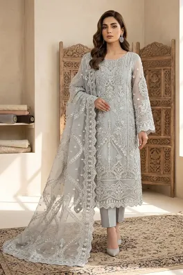 clothing women party wear custom stitch 3 piece organza alam fabrics blend organza dupatta gala daman embroidered heavy zari ston work grey gray