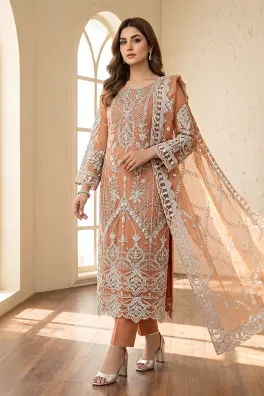 clothing women party wear custom stitch 3 piece organza alam fabrics blend organza dupatta gala daman embroidered heavy zari ston work peach peach