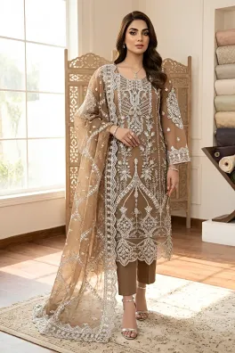 clothing women party wear custom stitch 3 piece organza alam fabrics blend organza dupatta gala daman embroidered heavy zari ston work skin skin