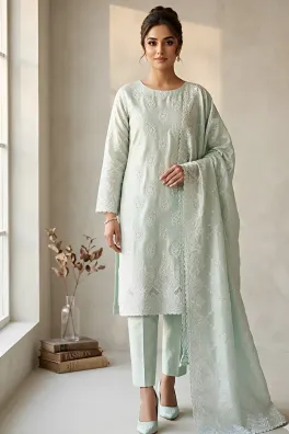 clothing women party wear custom stitch 3 piece silk dar al fashion blend silk dupatta front back embroidered heavy thread sequin work blue