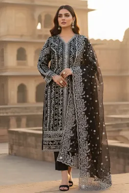 clothing women party wear stitched 3 piece organza alam fabrics blend organza dupatta gala daman embroidered heavy dori stone work black medium d 18