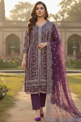 clothing women party wear stitched 3 piece organza alam fabrics blend organza dupatta gala daman embroidered heavy dori stone work purple medium