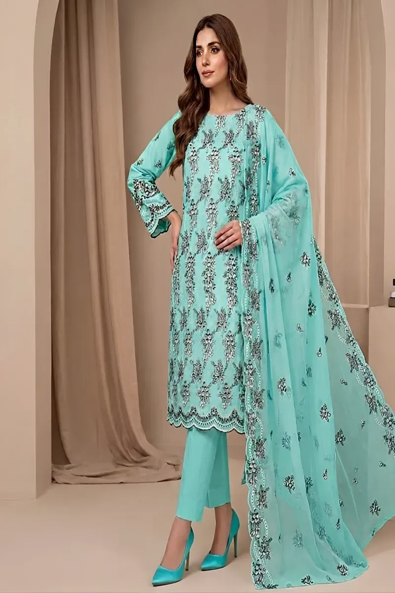 dar al fashion casual wear 3 piece chiffon dupatta front back embroidered