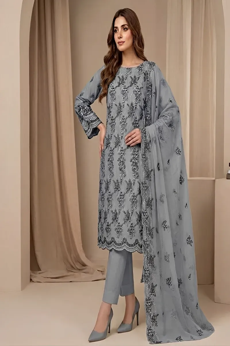 dar al fashion casual wear 3 piece chiffon dupatta front back embroidered