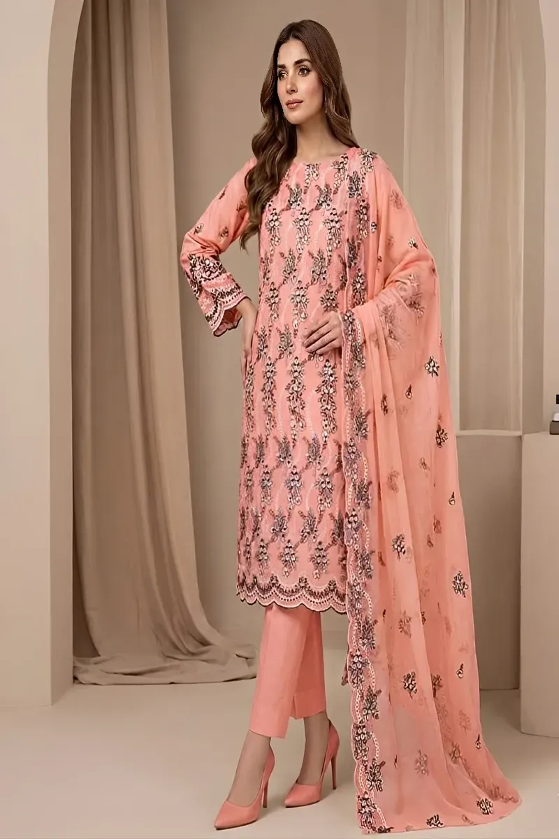 dar al fashion casual wear 3 piece chiffon dupatta front back embroidered
