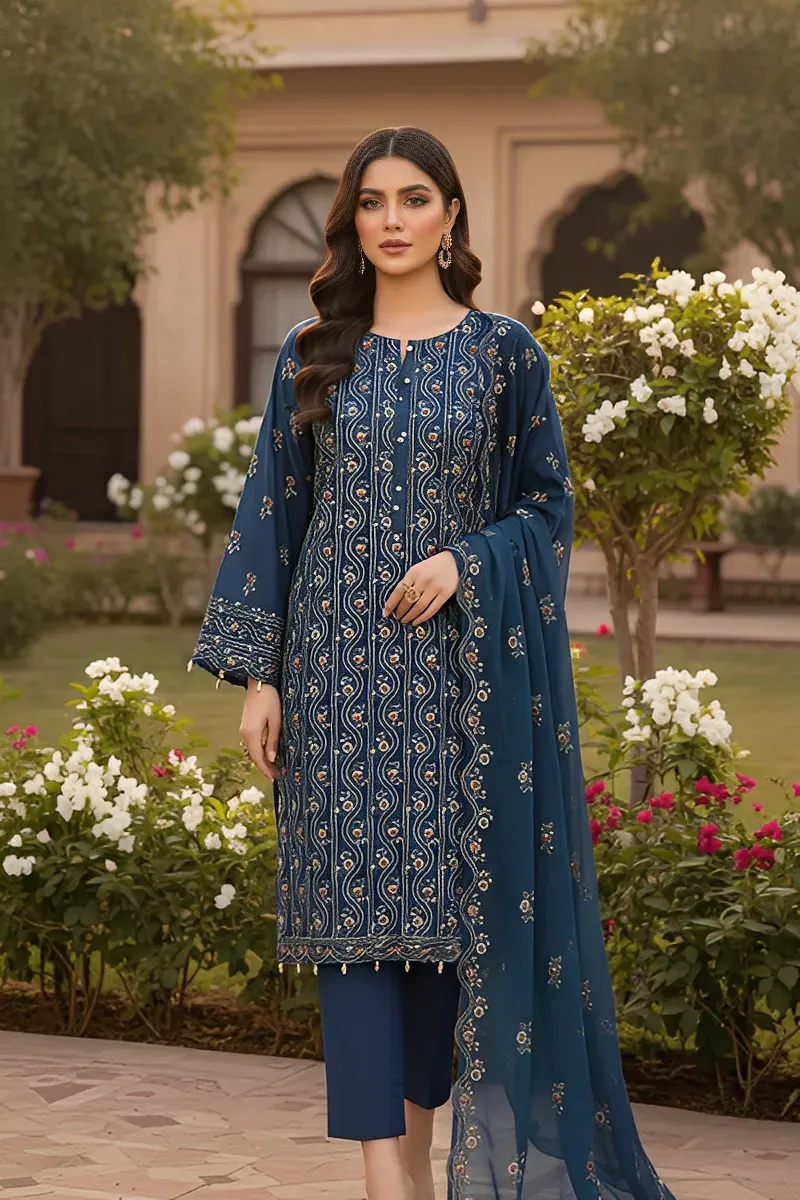 dar al fashion casual wear 3 piece chiffon dupatta front back embroidered