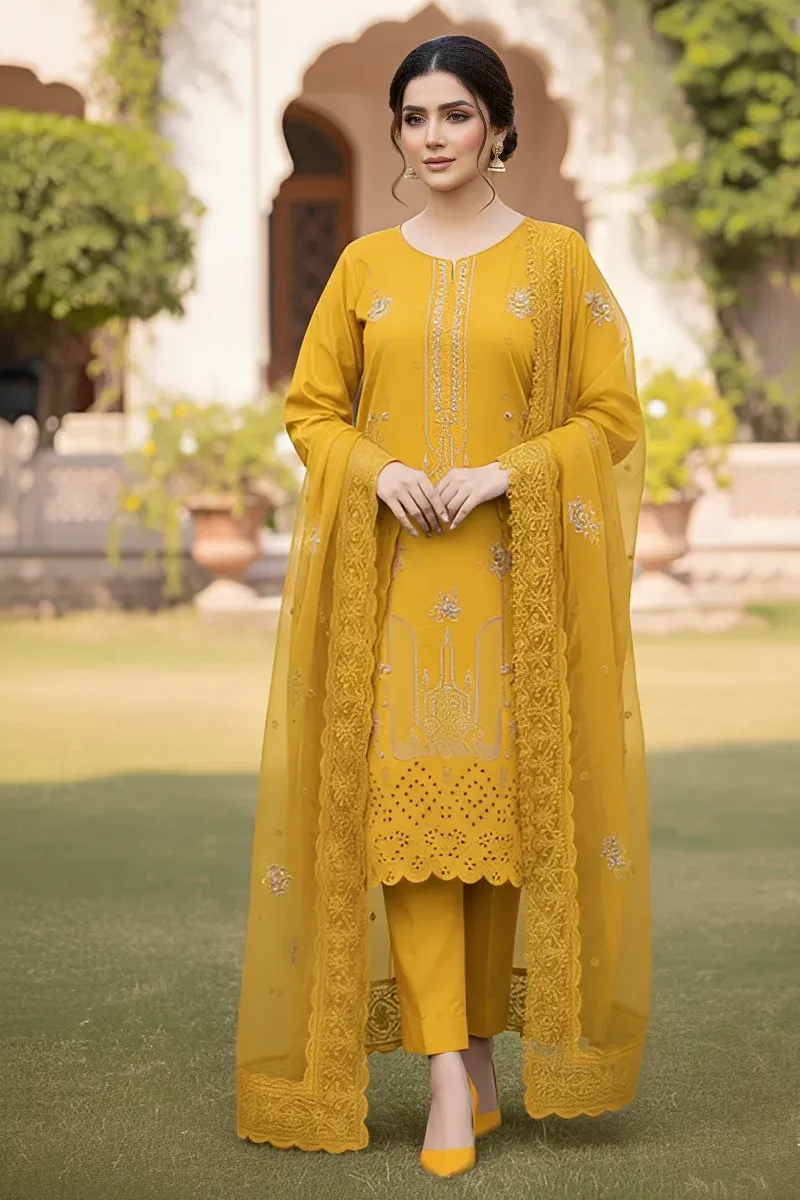 dar al fashion casual wear 3 piece chiffon dupatta front back embroidered