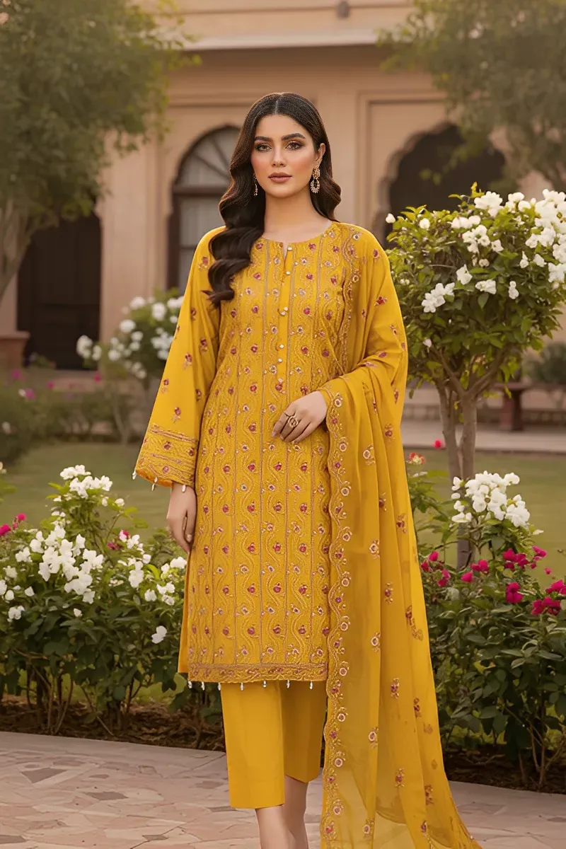 dar al fashion casual wear 3 piece chiffon dupatta front back embroidered