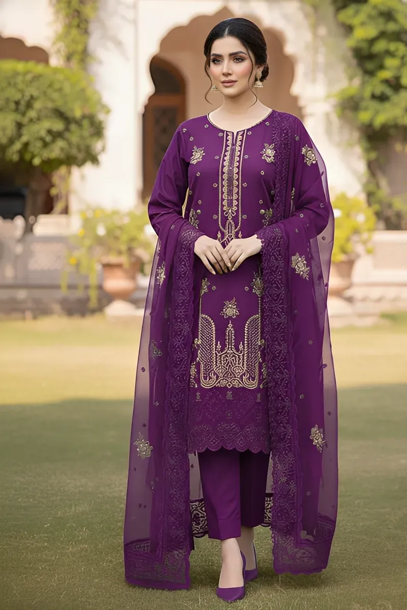 dar al fashion casual wear 3 piece chiffon dupatta front back embroidered