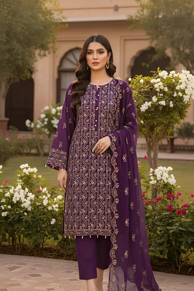 dar al fashion casual wear 3 piece chiffon dupatta front back embroidered