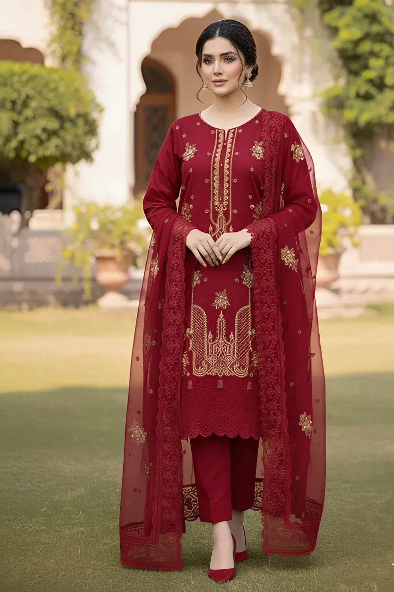 dar al fashion casual wear 3 piece chiffon dupatta front back embroidered