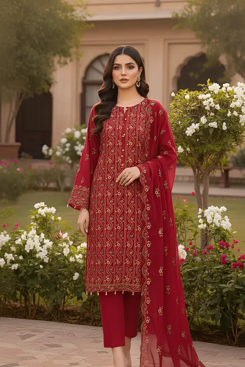 dar al fashion casual wear 3 piece chiffon dupatta front back embroidered