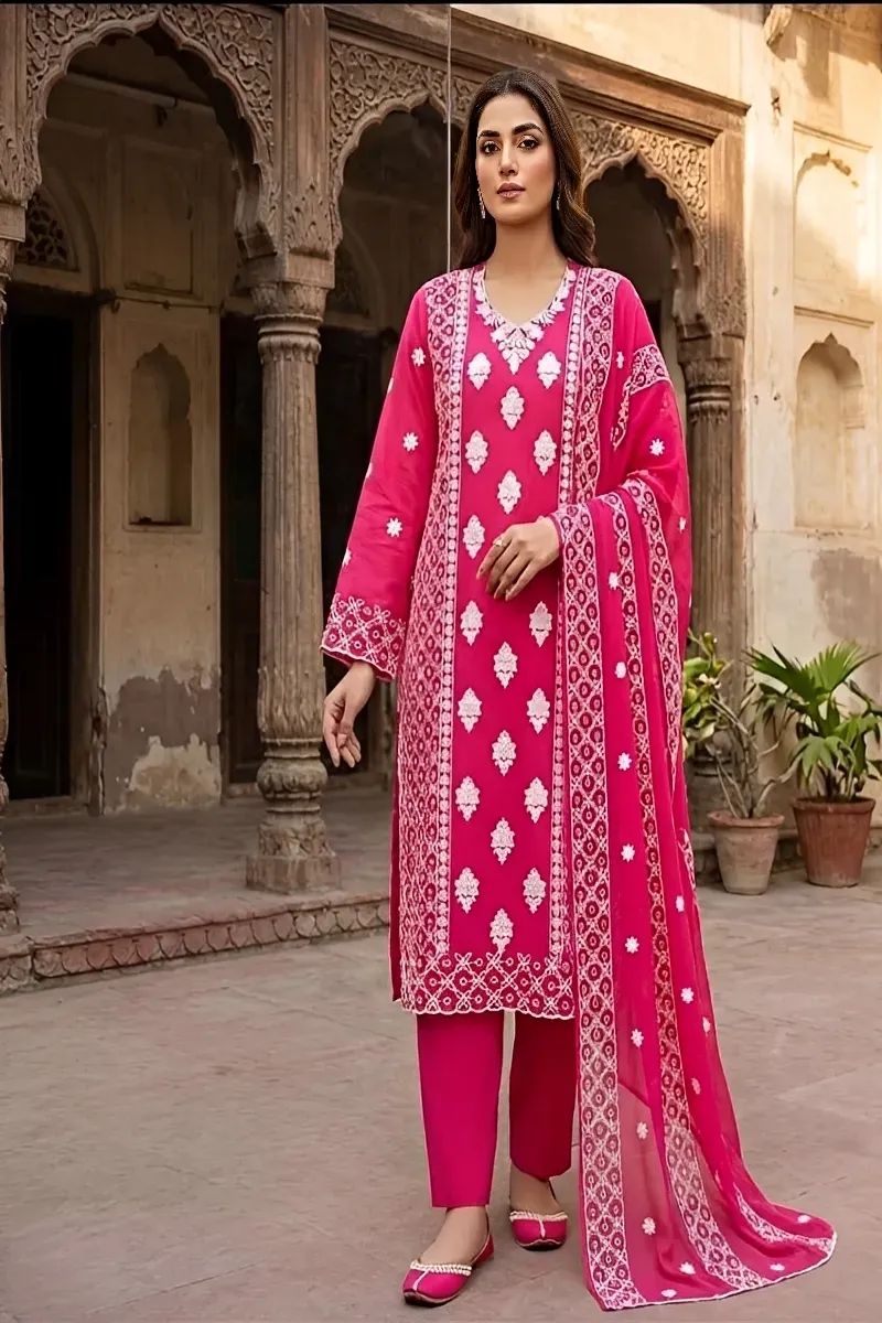 dar al fashion casual wear 3 piece chiffon dupatta gala daman embroidered