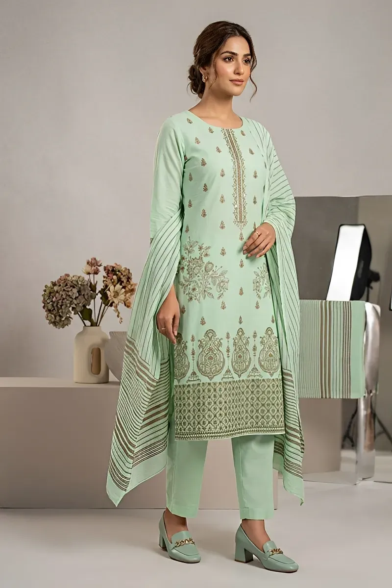 dar al fashion casual wear 3 piece cotton dupatta gala daman embroidered