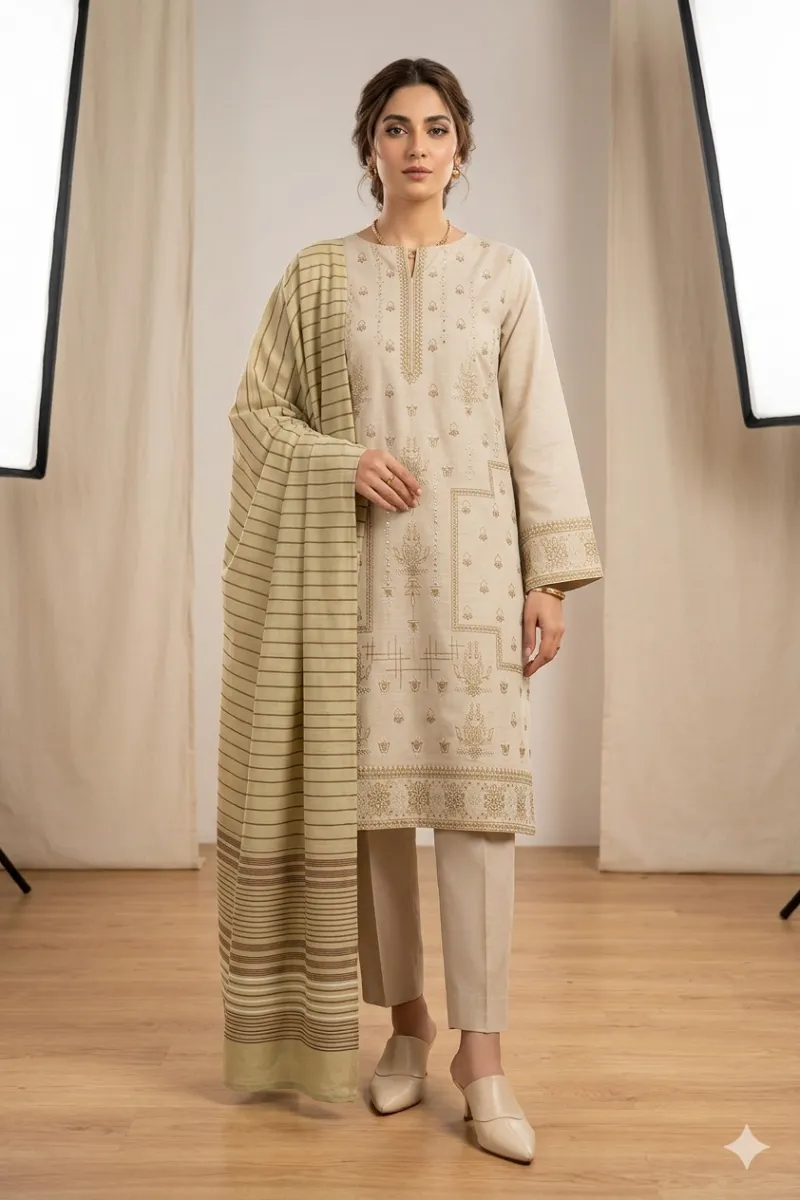 dar al fashion casual wear 3 piece cotton dupatta gala daman embroidered