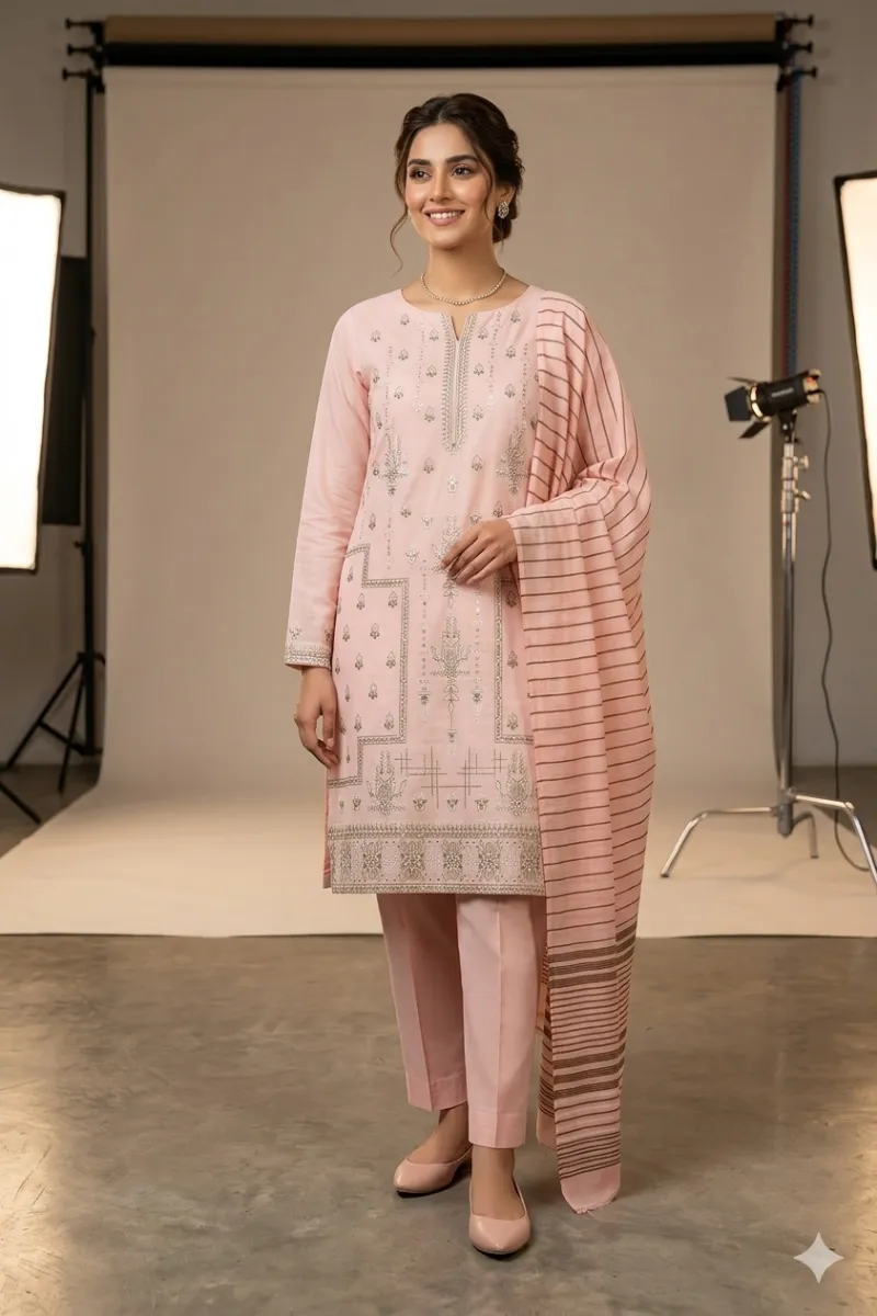 dar al fashion casual wear 3 piece cotton dupatta gala daman embroidered